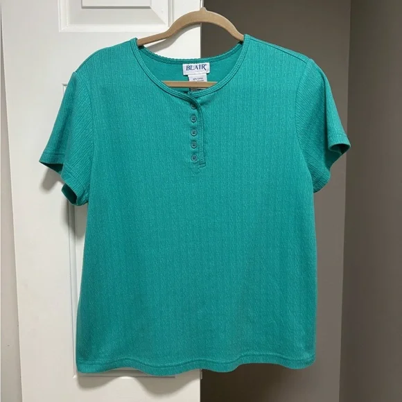 Short Sleeve Textured Henley Shirt Blue Green - Picture 6 of 7